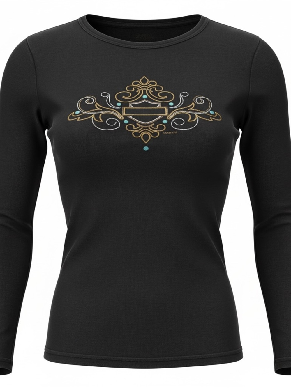 Harley-Davidson Black Long-Sleeve Tee with Gold Scroll and Turquoise Accents